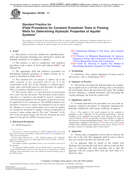 ASTM D5786-2017 測(cè)定含水層系統(tǒng)液壓性用自流井恒定水位下降試驗(yàn)（現(xiàn)場(chǎng)法）的規(guī)程 Standard Practice for (Field Procedure) for Constant Drawdown Tests in Flowing Wells   for Determining Hydraulic Properties of Aquifer Systems