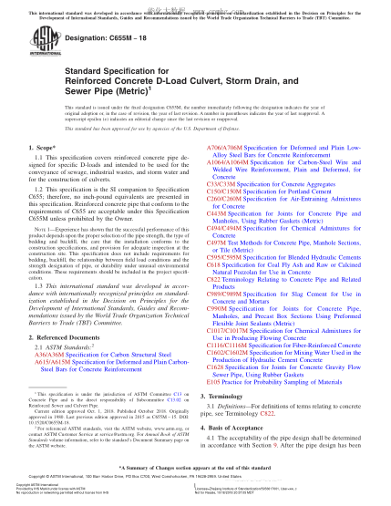 ASTM C655M-2018Standard Specification for Reinforced Concrete D-Load Culvert, Storm Drain, and Sewer Pipe (Metric)