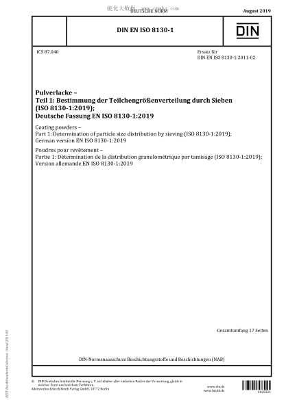 DIN EN ISO 8130-1-2019  Coating powders - Part 1: Determination of particle size distribution by sieving