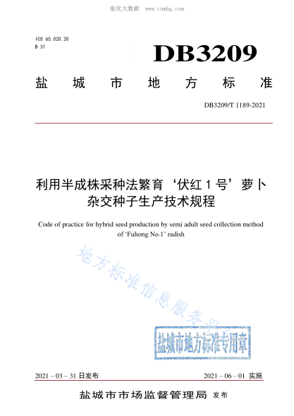 DB3209/T 1189-2021 利用半成株采種法繁育&lsquo;伏紅1號&rsquo;蘿卜雜交種子生產(chǎn)技術(shù)規(guī)程 Code of practice for hybrid seed production by semi adult seed collection method of &lsquo;Fuhong No.1&rsquo; radish