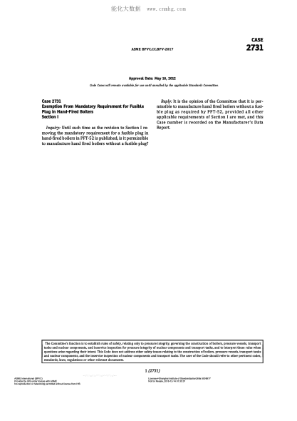 ASME BPVC-CC-BPV 2731-2017  Code Cases 2731:Boilers And Pressure Vessels