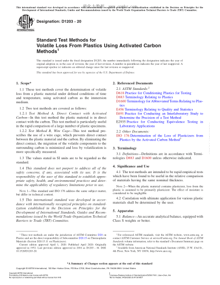 ASTM D1203-2020  Standard Test Methods for Volatile Loss From Plastics Using Activated Carbon Methods
