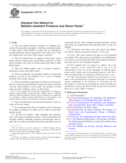 ASTM E3112-2017 防彈產(chǎn)品和射擊包試驗方法 Standard Test Method for Ballistic-resistant Products and Shoot Packs