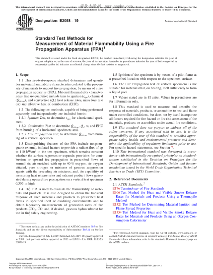 ASTM E2058-2019 用火傳播儀測(cè)量合成聚合材料可燃性的試驗(yàn)方法 Standard Test Methods for Measurement of Material Flammability Using a Fire Propagation Apparatus (FPA)