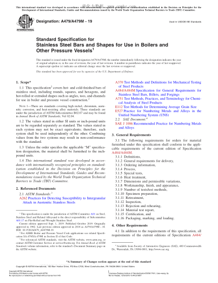 ASTM A479/A479M-2019  Standard Specification for Stainless Steel Bars and Shapes for Use in Boilers and Other Pressure Vessels