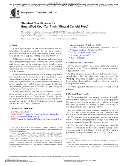 ASTM D3320/D3320M-2018  Standard Specification for Emulsified Coal-Tar Pitch (Mineral Colloid Type)