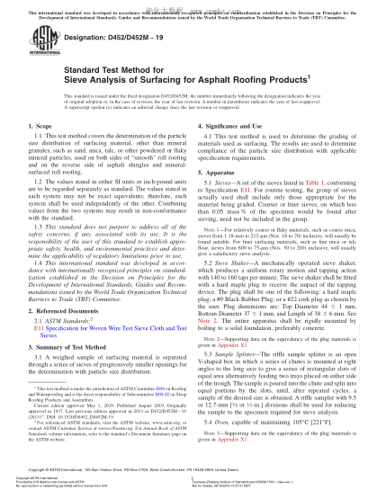 ASTM D452/D452M-2019 瀝青屋面制品鋪面篩分試驗(yàn)方法 Standard Test Method for Sieve Analysis of Surfacing for Asphalt Roofing Products