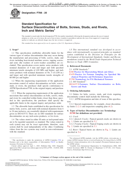 ASTM F788-2020  Standard Specification for Surface Discontinuities of Bolts, Screws, Studs, and Rivets, Inch and Metric Series