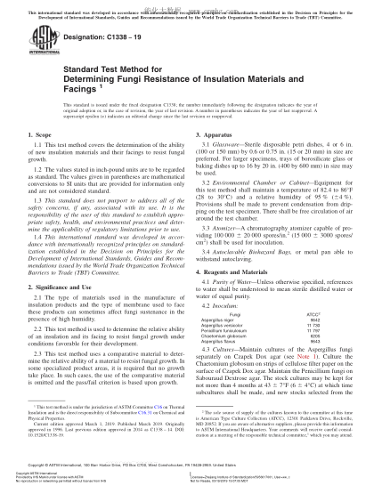 ASTM C1338-2019 測(cè)定絕緣材料和飾面抗真菌性的試驗(yàn)方法 Standard Test Method for Determining Fungi Resistance of Insulation Materials and Facings