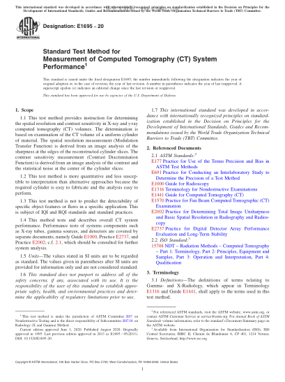 ASTM E1695-2020  Standard Test Method for Measurement of Computed Tomography (CT) System Performance