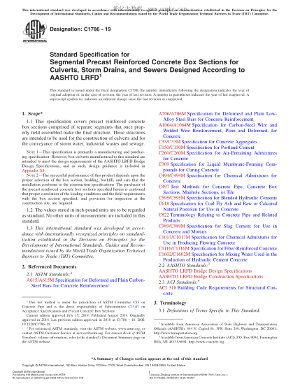 ASTM C1786-2019 按照AASHTO LRFD設(shè)計(jì)的陰溝、雨水渠和下水道用分段預(yù)制鋼筋混凝土箱形構(gòu)件的規(guī)格 Standard Specification for Segmental Precast Reinforced Concrete Box Sections for Culverts, Storm Drains, and Sewers Designed According to AASHTO LRFD
