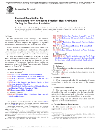 ASTM D3144-2021Standard Specification for Crosslinked Poly(Vinylidene Fluoride) Heat-Shrinkable Tubing for Electrical Insulation
