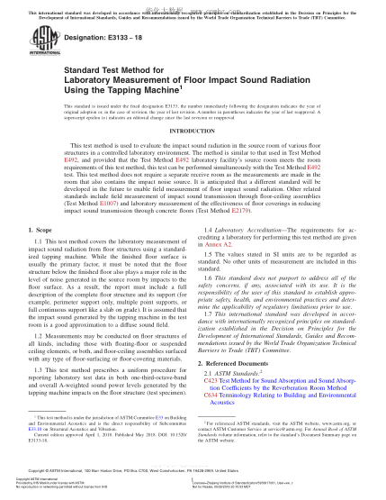 ASTM E3133-2018  Standard Test Method for Laboratory Measurement of Floor Impact Sound Radiation Using the Tapping Machine
