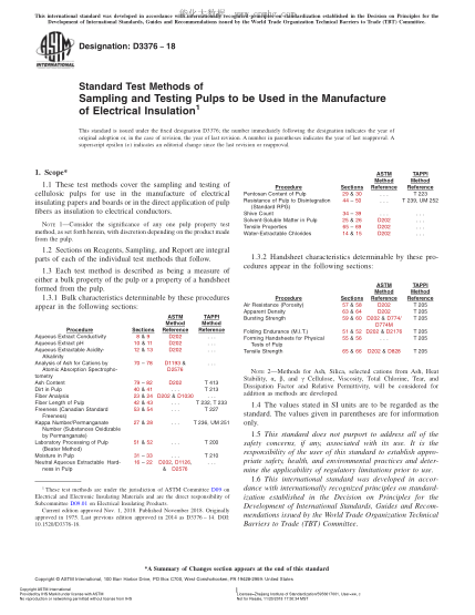 ASTM D3376-2018Standard Test Methods of Sampling and Testing Pulps to be Used in the Manufacture of Electrical Insulation