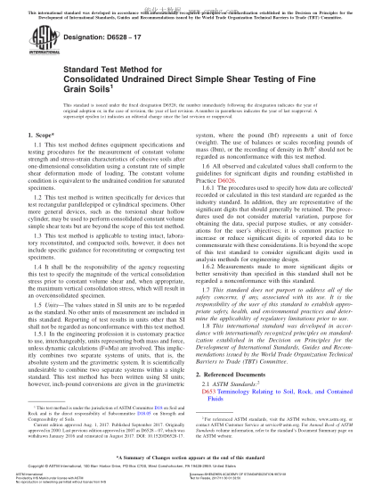 ASTM D6528-2017 測(cè)試固結(jié)不排水粘性土試樣直接剪力的試驗(yàn)方法 Standard Test Method for Consolidated Undrained Direct Simple Shear Testing of Fine Grain Soils