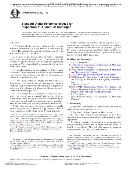 ASTM E2422-2017 鋁鑄件檢查用數(shù)字參考圖象 Standard Digital Reference Images for Inspection of Aluminum Castings