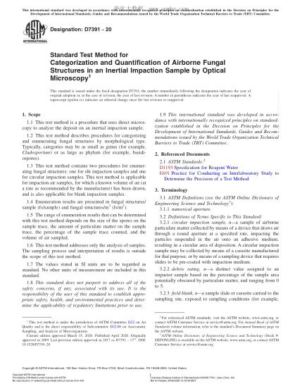 ASTM D7391-2020  Standard Test Method for Categorization and Quantification of Airborne Fungal Structures in an Inertial Impaction Sample by Optical Microscopy