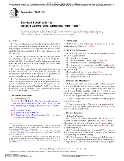 ASTM A603-2019 鍍鋅鋼絲結(jié)構(gòu)繩規(guī)格 Standard Specification for Metallic-Coated Steel Structural Wire Rope