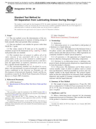 ASTM D1742-2020  Standard Test Method for Oil Separation from Lubricating Grease During Storage