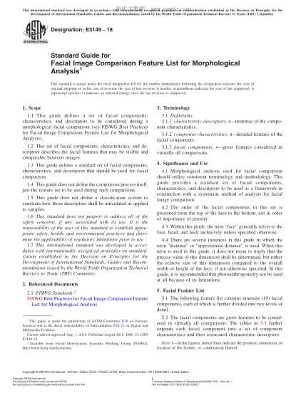 ASTM E3149-2018 形態(tài)分析用面部圖像比較特征表指南 Standard Guide for Facial Image Comparison Feature List for Morphological Analysis