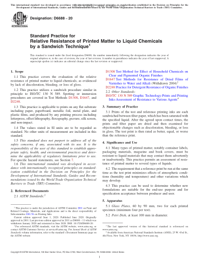 ASTM D6688-2020  Standard Practice for Relative Resistance of Printed Matter to Liquid Chemicals by a Sandwich Technique