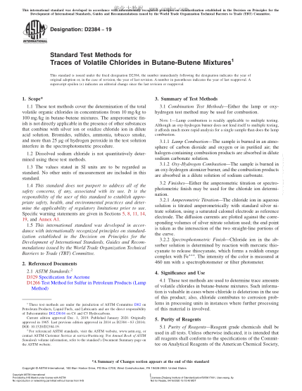 ASTM D2384-2019  Standard Test Methods for Traces of Volatile Chlorides in Butane-Butene Mixtures