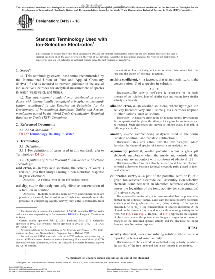 ASTM D4127-2018 與離子選擇電極一起使用的術(shù)語 Standard Terminology Used with Ion-Selective Electrodes