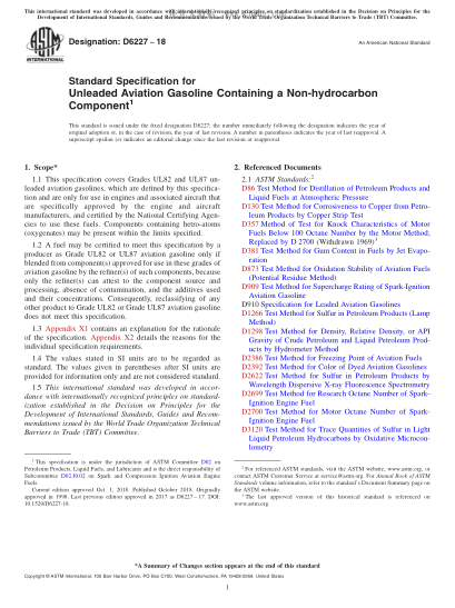 ASTM D6227-2018  Standard Specification for Unleaded Aviation Gasoline Containing a Non-hydrocarbon Component