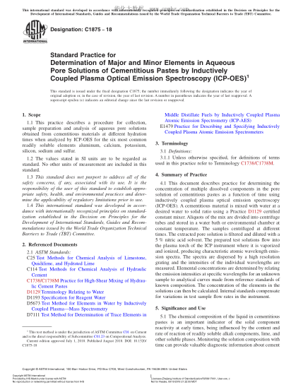 ASTM C1875-2018Standard Practice for Determination of Major and Minor Elements in Aqueous Pore Solutions of Cementitious Pastes by Inductively Coupled Plasma Optical Emission Spectroscopy (ICP-OES)