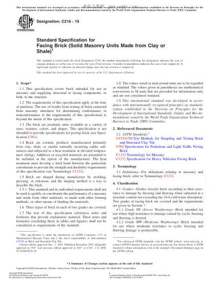 ASTM C216-2019 面磚(粘土或頁巖制實(shí)心砌塊)規(guī)格 Standard Specification for Facing Brick (Solid Masonry Units Made from Clay or Shale)
