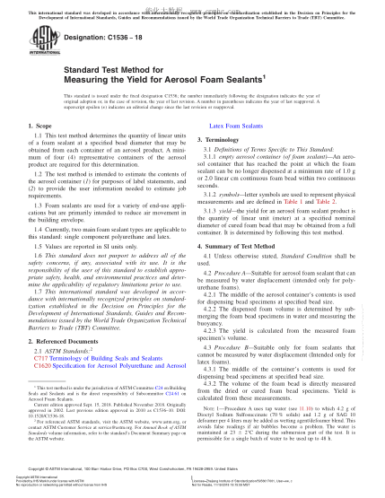 ASTM C1536-2018  Standard Test Method for Measuring the Yield for Aerosol Foam Sealants