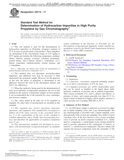 ASTM D2712-2017 用氣相色譜法測(cè)定丙烯濃縮物中痕量烴的試驗(yàn)方法 Standard Test Method for Determination of Hydrocarbon Impurities in High Purity Propylene by Gas Chromatography