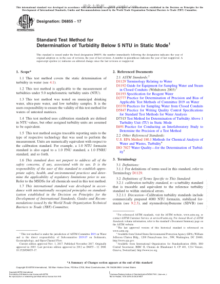 ASTM D6855-2017 用靜態(tài)法測定5NTU下濁度的試驗(yàn)方法 Standard Test Method for Determination of Turbidity Below 5 NTU in Static Mode