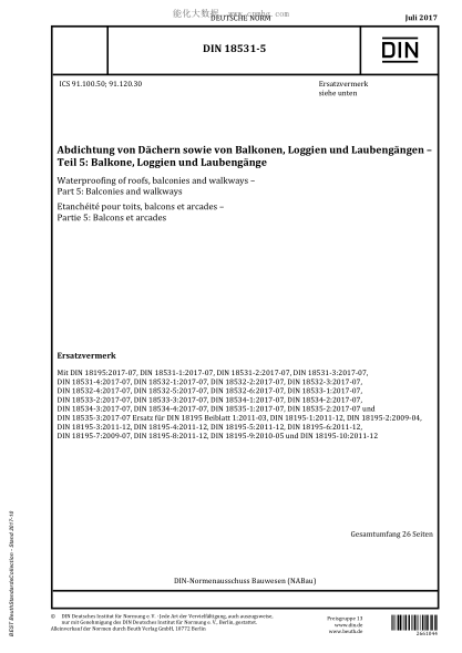 DIN 18531-5-2017  Waterproofing of roofs, balconies and walkways - Part 5: Balconies and walkways