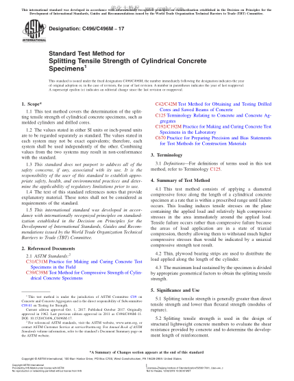 ASTM C496/C496M-2017 圓柱形混凝土試樣劈裂抗拉強(qiáng)度試驗(yàn)方法 Standard Test Method for Splitting Tensile Strength of Cylindrical Concrete Specimens