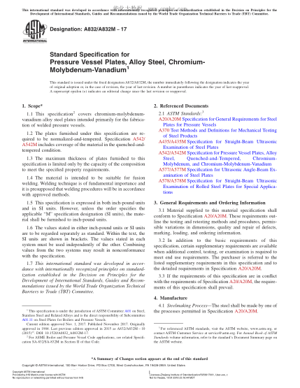 ASTM A832/A832M-2017 壓力容器用鉻鉬釩鈦合金鋼中厚板的規(guī)格 Standard Specification for Pressure Vessel Plates,Alloy Steel,Chromium-Molybdenum-Vanadium