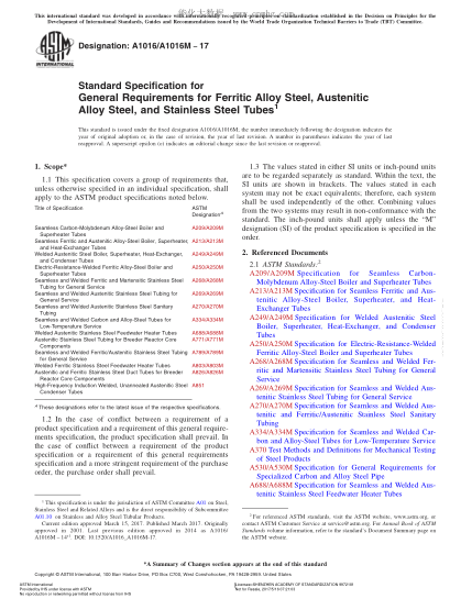 ASTM A1016/A1016M-2017 鐵素體合金鋼、奧氏體合金鋼和不銹鋼管通用要求規(guī)格 Standard Specification for General Requirements for Ferritic Alloy Steel,Austenitic Alloy Steel,and Stainless Steel Tubes