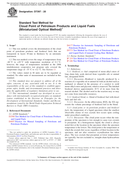 ASTM D7397-2020  Standard Test Method for Cloud Point of Petroleum Products and Liquid Fuels (Miniaturized Optical Method)