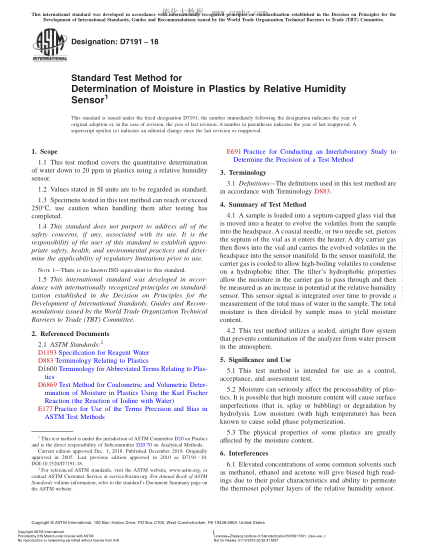 ASTM D7191-2018 用相對(duì)濕度傳感器測(cè)定塑料中水分的試驗(yàn)方法 Standard Test Method for Determination of Moisture in Plastics by Relative Humidity Sensor