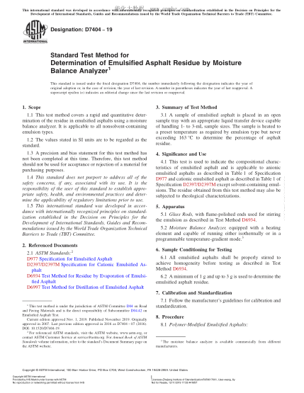 ASTM D7404-2019  Standard Test Method for Determination of Emulsified Asphalt Residue by Moisture Balance Analyzer