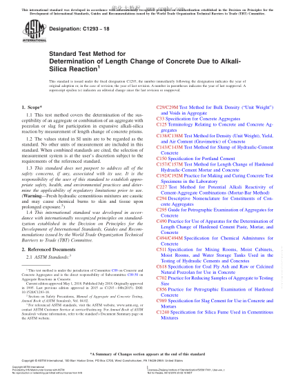 ASTM C1293-2018  Standard Test Method for Determination of Length Change of Concrete Due to Alkali-Silica Reaction