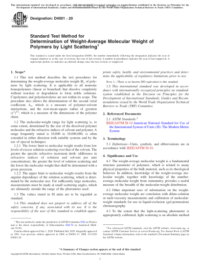 ASTM D4001-2020  Standard Test Method for Determination of Weight-Average Molecular Weight of Polymers by Light Scattering