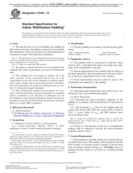 ASTM F2440-2018  Standard Specification for Indoor Wall/Feature Padding