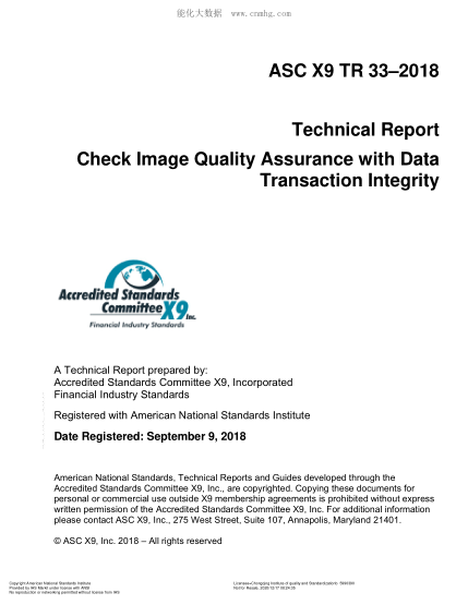 ANSI X9 TR 33-2018  Technical Report Check Image Quality Assurance with Data Transaction Integrity (ASCX9)