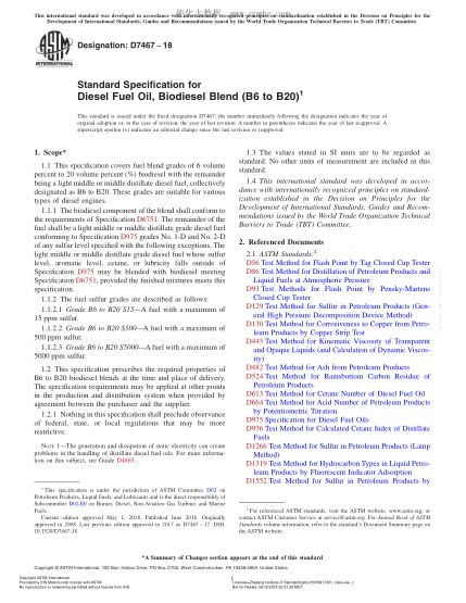 ASTM D7467-2018  Standard Specification for Diesel Fuel Oil,Biodiesel Blend (B6 to B20)