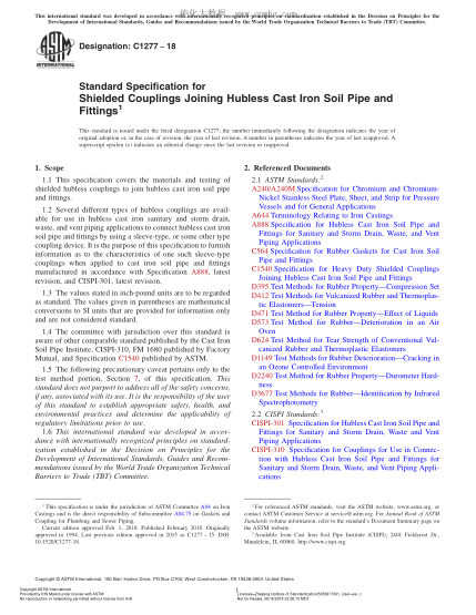 ASTM C1277-2018 連接無輪轂鑄鐵糞管和管配件的防護管接頭的規(guī)格 Standard Specification for Shielded Couplings Joining Hubless Cast Iron Soil Pipe and Fittings