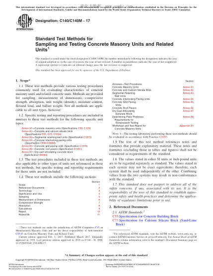 ASTM C140/C140M-2017 混凝土砌塊與相關砌塊取樣及測試的試驗方法 Standard Test Methods for Sampling and Testing Concrete Masonry Units and Related Units