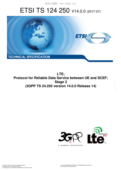 ETSI TS 124 250-2017  LTE; Protocol for Reliable Data Service between UE and SCEF; Stage 3 (V14.0.0; 3GPP TS 24.250 version 14.0.0 Release 14)