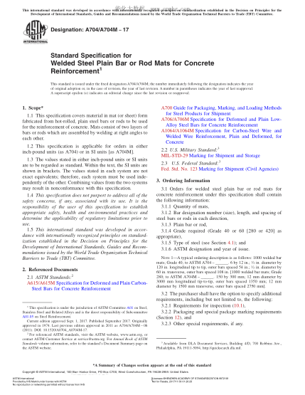ASTM A704/A704M-2017 混凝土鋼筋用普通焊接鋼棒或鋼筋網(wǎng)規(guī)格 Standard Specification for Welded Steel Plain Bar or Rod Mats for Concrete Reinforcement
