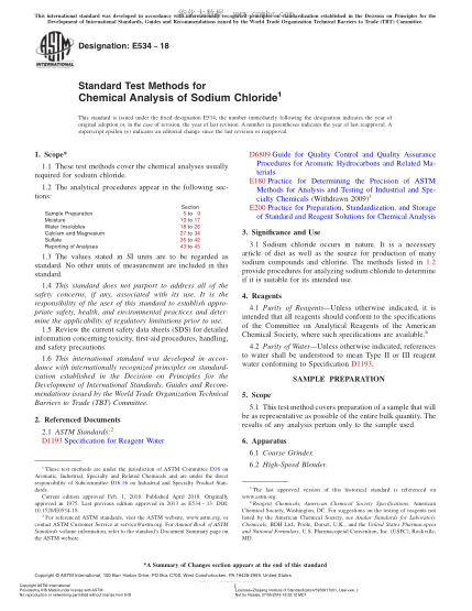 ASTM E534-2018 氯化鈉化學(xué)分析試驗(yàn)方法 Standard Test Methods for Chemical Analysis of Sodium Chloride